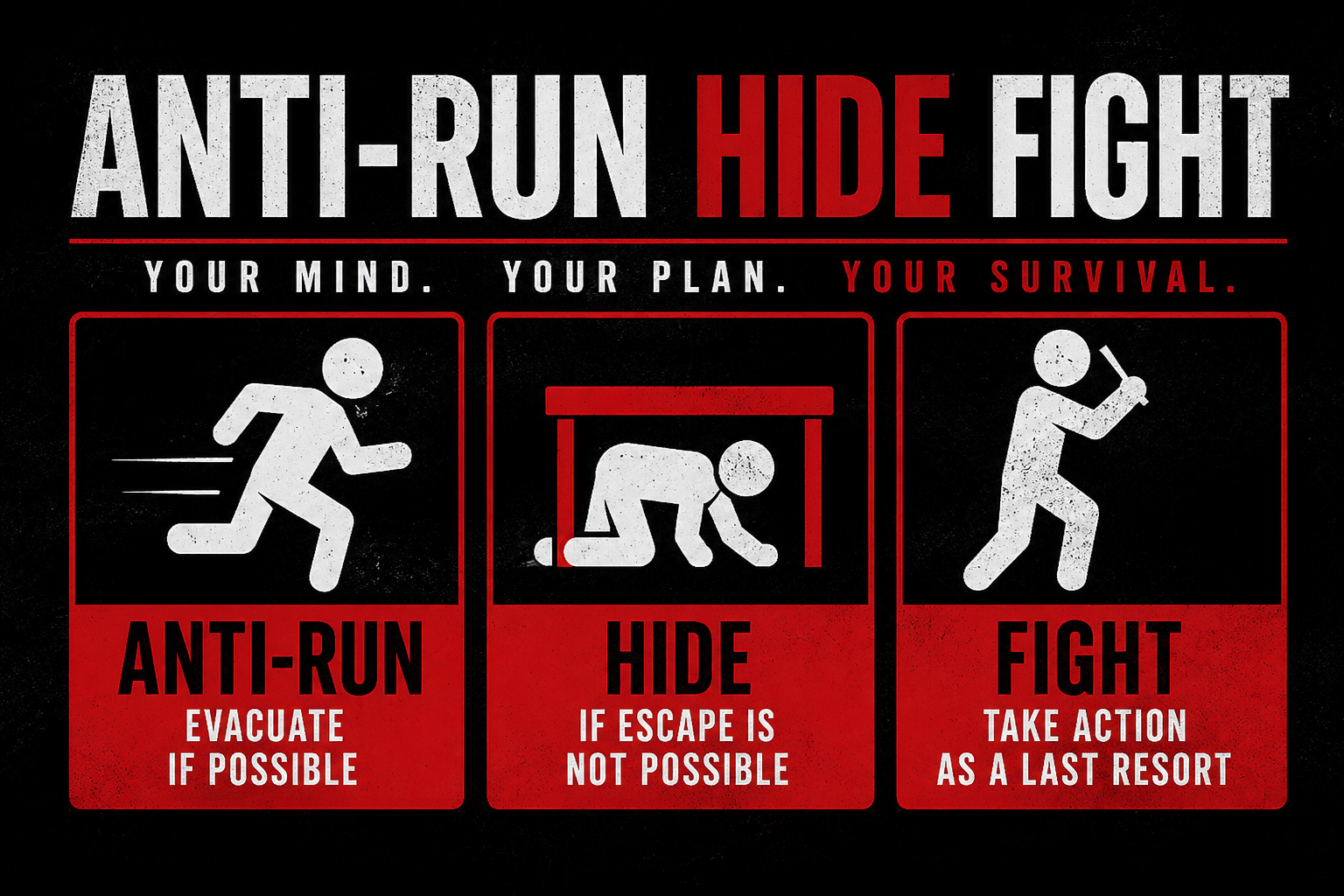 Anti-Run Hide Fight active threat preparedness infographic promoting situational awareness, decision-making, and survival strategies during emergencies.